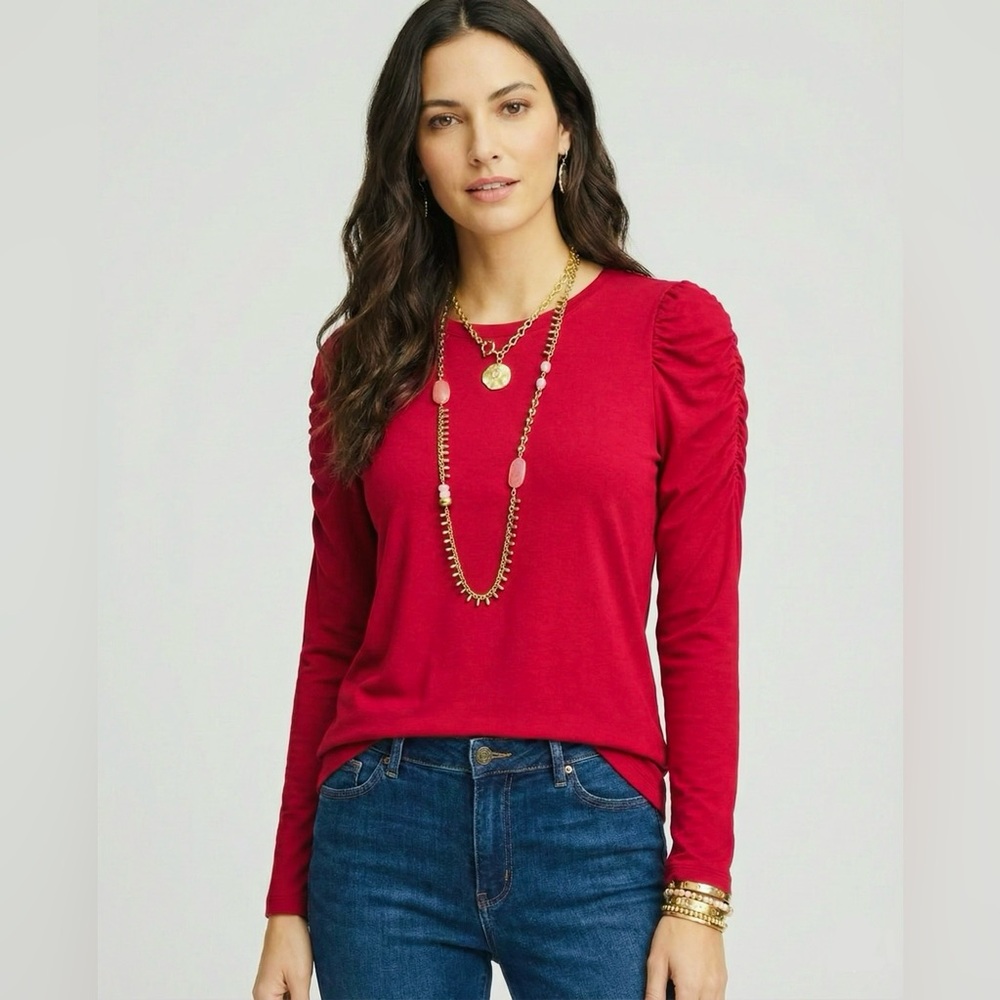 CHICO’S NWT 3 Touch of Cool Ruched Sleeve Tee in Wild Poppy Red XL Casual Top